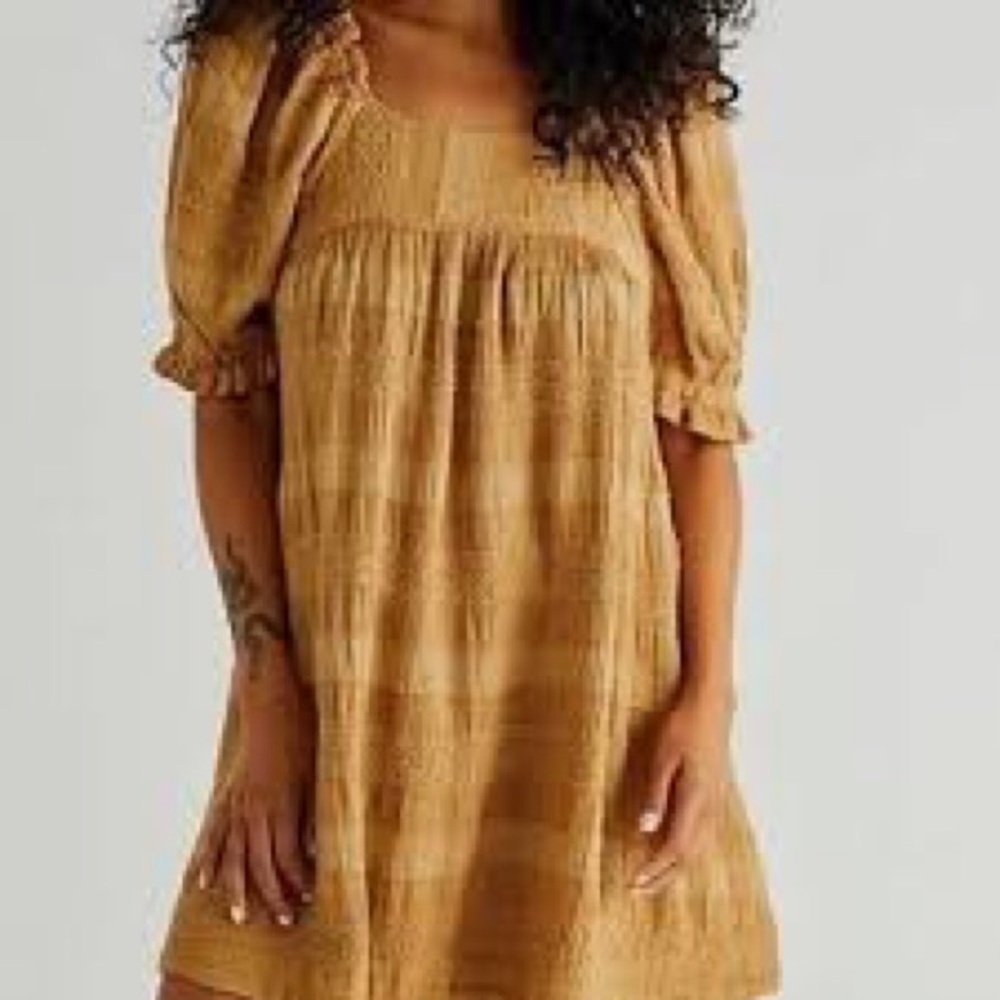 NEW Free People tan wheat babydoll dress size M puff sleeves open back
